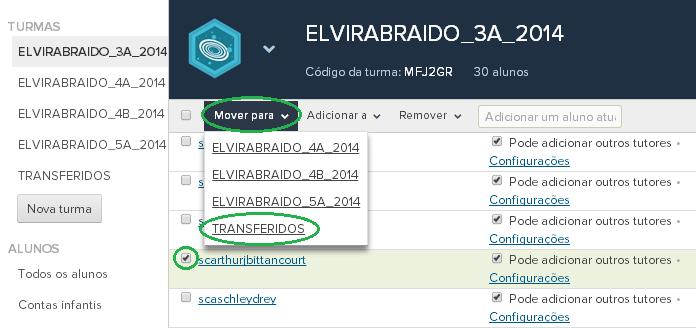 Como deixar de acompanhar o aluno transferido 3. Clique na turma a que o aluno pertencia. 4. Selecione o nome de usuário do aluno. 5.