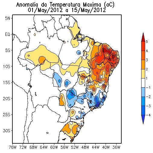 Figura 8: Anomalia de temperatura máxima do mês de maio de 2012. 4. Análise da Circulação Atmosférica 4.
