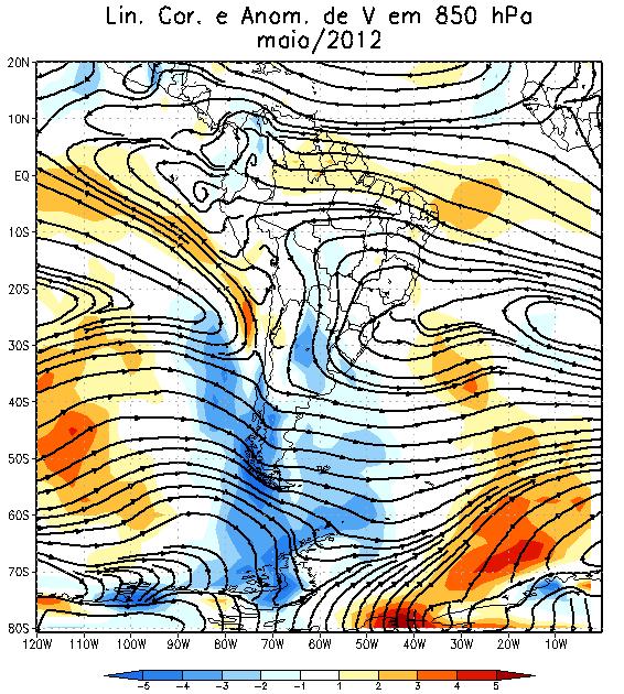 Figura 11: Linhas de corrente e anomalia da componente meridional do vento em 850 hpa para o mês de maio de 2012. 4.