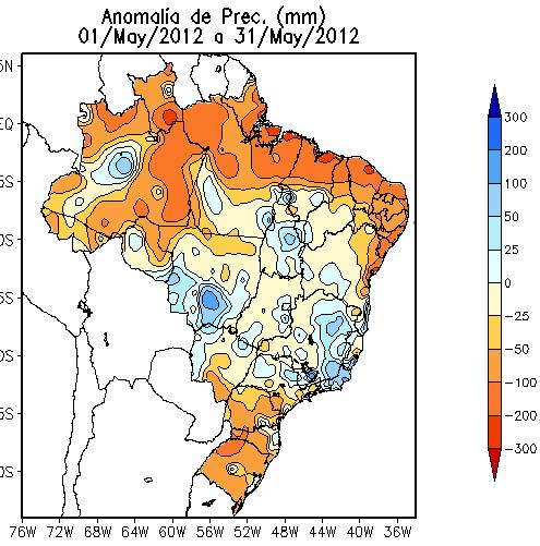 anomalia negativa na região das missões e alto vale do Uruguai. Valores pontuais de anomalia positiva ocorreram no centro de TO, sul de MT e nordeste de MG, que atingiram até 100 mm.