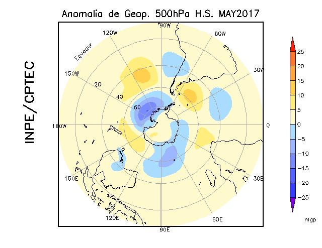 16 3.5 Anomalias de Geopotencial em 500 hpa Anomalias negativas de geopotencial ocorreram sobre o sudoeste do continente e oceano Pacífico Sul adjacente (Figura 3.5).