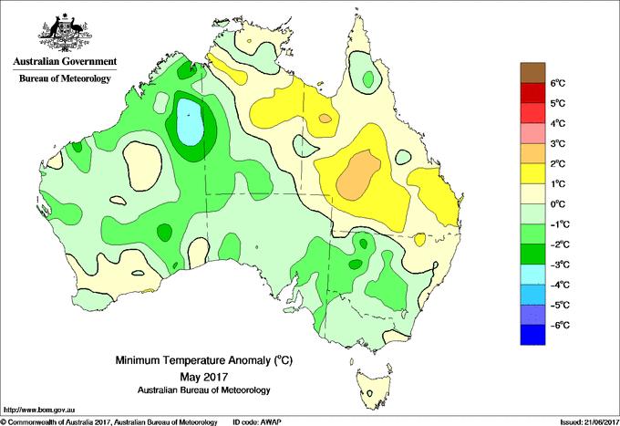 18 4 AUSTRÁLIA O mês de Maio apresentou anomalias positivas de temperatura mínima nas regiões norte e leste do país, enquanto as anomalias negativas foram encontradas nas regiões oeste e sul (Figura
