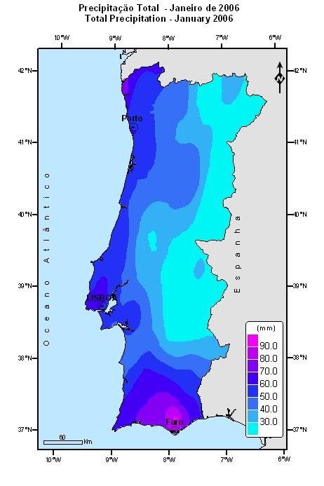3. Precipitação Os valores da quantidade de precipitação no mês de Janeiro variaram entre 13 mm em Figueira de Castelo Rodrigo (Beira Interior) e 101 mm em S.