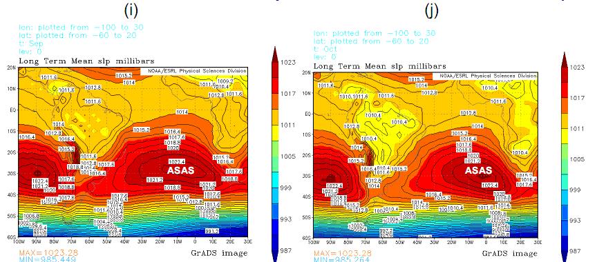 FIGURA 1 Climatologia do ASAS em janeiro (a), fevereiro (b), março (c), abril (d), maio (e), junho (f), julho