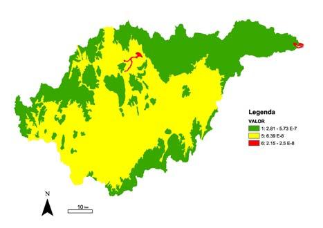 Modelos de vulnerabilidade hidrológica para a bacia hidrográfica do rio Cachoeira (Bahia) 93 Figura 6. Mapa da condutividade hidráulica Modelo 1. Figura 8 Zoneamento do sistema hídrico superficial.