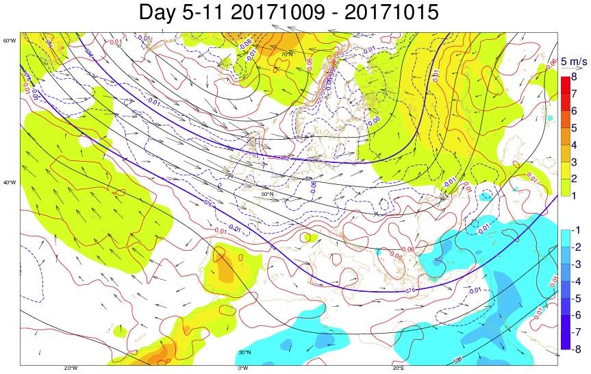 Análise - 1ª Semana (09/10 a 15/10): Configuração sinóptica média para a 1ª semana Geopotencial aos 500hPa (linha a cheio), anomalia da temperatura a 2 metros (sombreado), anomalia do vento a 10