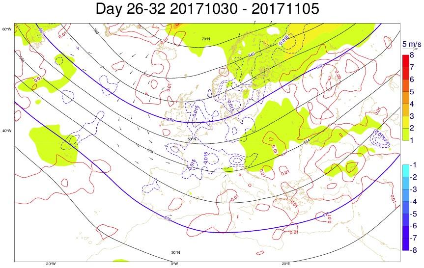 Análise - 4ª Semana (30/10 a 05/11): Configuração sinóptica média para a 4ª semana Geopotencial aos 500hPa (linha a cheio), anomalia da temperatura a 2 metros (sombreado), anomalia do vento a 10