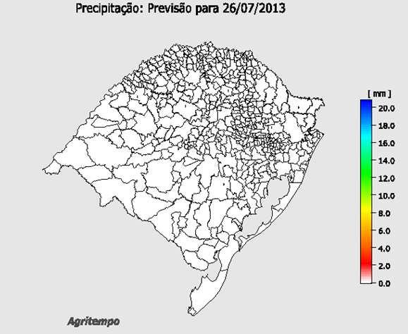 Dados Meteorológicos Quadro A Quadro B O Quadro A mostra a previsão de chuva para sexta-feira (26/07) no estado do RS.