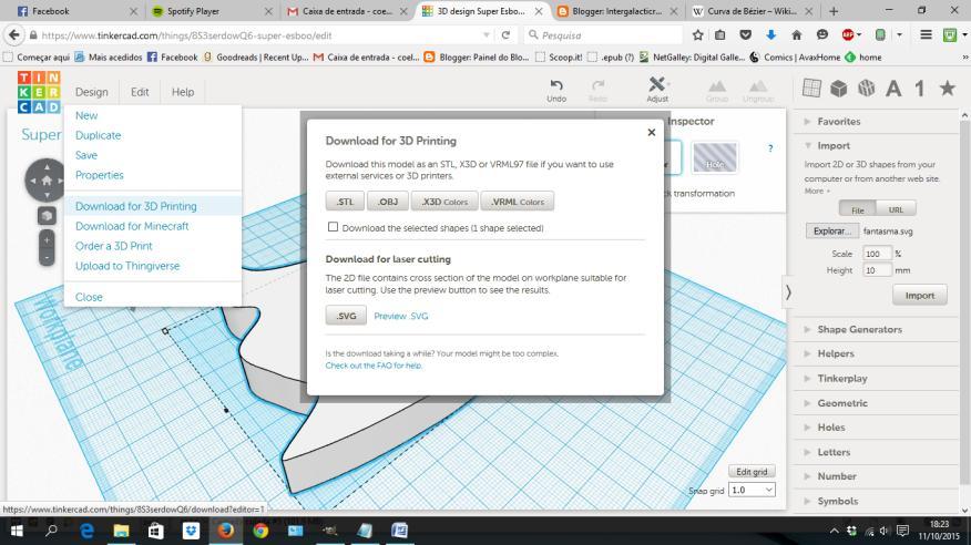 Para imprimir em 3D o nosso objecto, temos de o descarregar do Tinkercad na opção Design ->