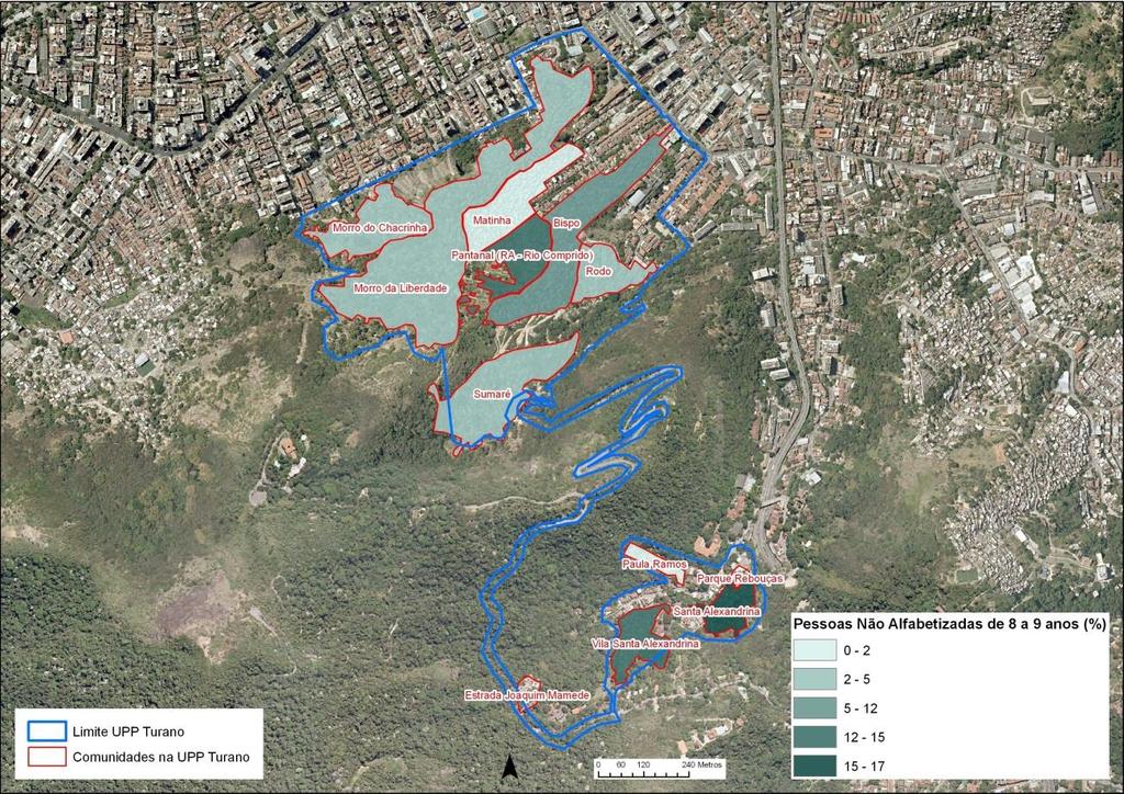 Tabela 14 Pessoas Alfabetizadas e Não Alfabetizadas de 8 a 9 anos por Sexo segundo as comunidades na UPP Turano 2010 Crianças de 8 a 9 anos Comunidades Alfabetizadas Não Alfabetizadas Total H M H M H