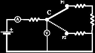 Quando a chave C é comutada da posição P1 (linha sólida) para a posição P2 (linha pontilhada), será verificado quanto as leituras do voltímetro e do amperímetro que: a do voltímetro aumenta e a do