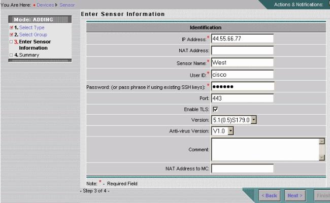 Forneça a informação exigida pela janela de informação do sensor da entrada.nota: Um asterisco (*) indica os campos requerido.