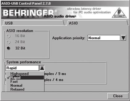 Para configurar adequadamente o controlador para aplicativos áudio, proceda da seguinte forma: Abra o Painel de Controlo ASIO-USB a partir do software de áudio (poderá chamar-se ASIO Config ou