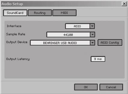 Fig. 2.4: Definições de Audio Setup 4) Clique no botão ASIO Config para abrir o diálogo das definições do controlador.
