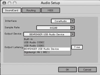 Abra o Painel de Controlo ASIO-USB a partir do software de áudio (poderá chamar-se ASIO Config ou semelhante). Dispositivo USB = BEHRINGER USB AUDIO. 3) Clique no separador ASIO.