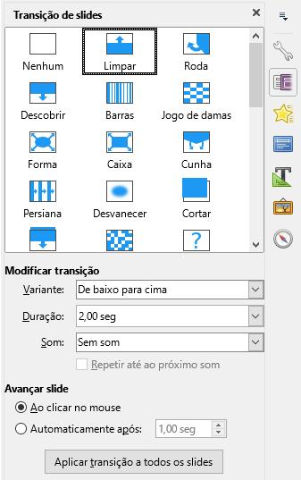 APLICANDO EFEITOS DE TRANSIÇÃO DE SLIDES Os Efeitos de Transição de Slides permitem que o usuário configure a forma como será feita a transição (mudança) de um slide para outro Para a apresentação