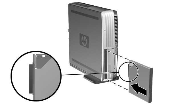 3. Com a parte superior da unidade voltada para a esquerda (ou para cima, quando o computador estiver posicionado sobre a mesa) e o conector de unidade voltado para o computador, deslize a unidade