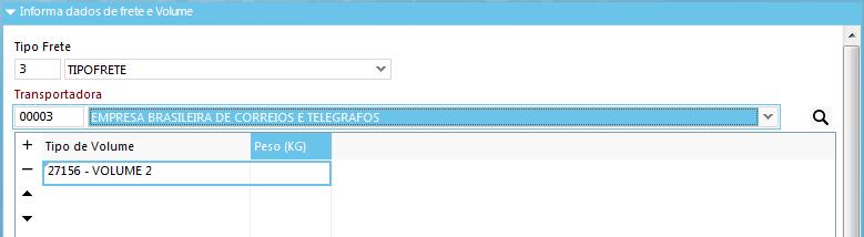 Nesta fase, o usuário deverá informar o volume para transporte.