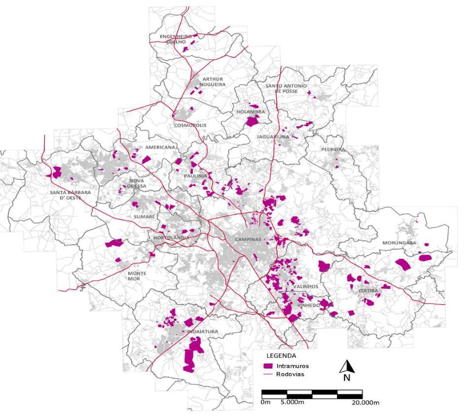 Figura 1: Mapeamento das aglomerações intramuros na RMC. Fonte: Elaborado pelos autores, 2015.
