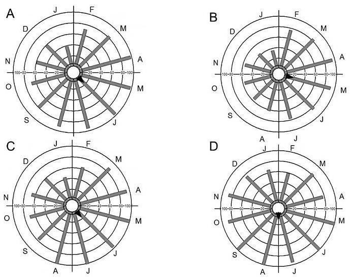 20 Figura 8: Histogramas circular da frequência de ocorrência mensal de queda foliar de Dalbergia nigra (Vell.
