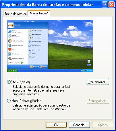 Menu Iniciar clássico Selecione esta opção para usar o estilo de menu de versões anteriores do Windows. OK.