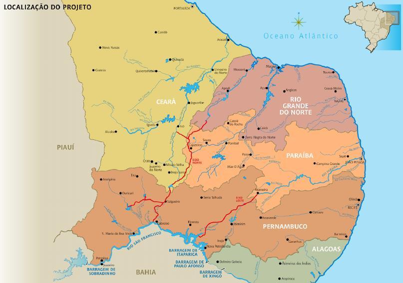 Transposição do Rio São Francisco 2 eixos (Norte e Leste) Eixo Norte: Captação de 99,0 m3/s Cabrobó (PE) Eixo Leste: Captação de 28 m3/s no Itaparica (PE)