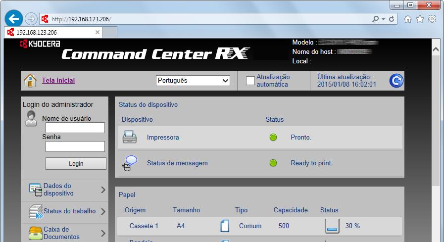 Instalando e configurando a máquina > Command Center RX Acessar Command Center RX 1 Exibir a tela. 1 Inicie o seu navegador Web.