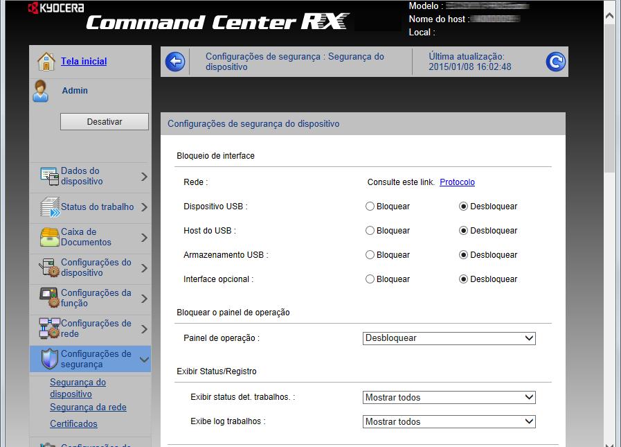 Instalando e configurando a máquina > Command Center RX 2 Defina as configurações de segurança.