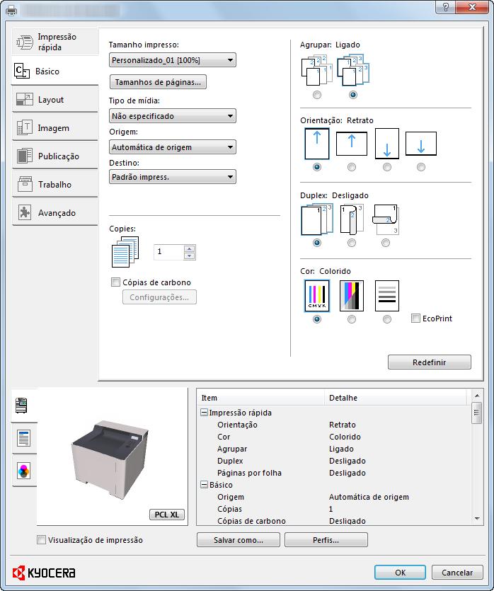 Imprimindo a partir do PC > Imprimindo a partir do PC 4 Selecione o tamanho e tipo de papel de tamanho de papel não padrão. 1 Selecione a máquina do menu "Impressora" e clique no botão [Propriedades].