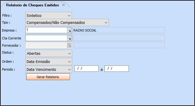 Relatório de Cheques Emitidos FS212 Caminho: Relatórios>Conta Corrente>Cheques Emitidos Referência: FS212 Versão: 2016.07.