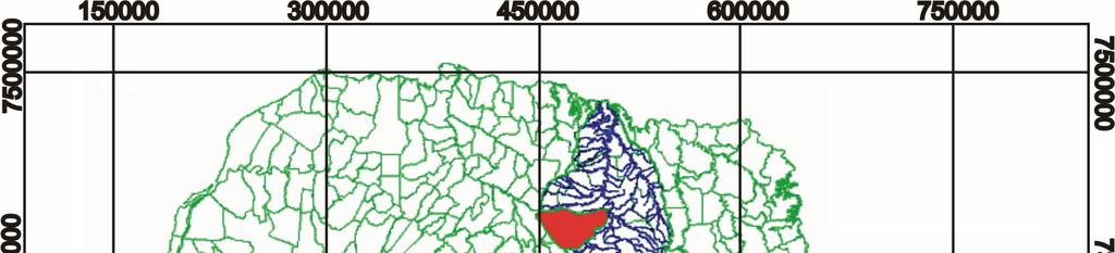 Figura 1 Em verde, o estado do Paraná. Em azul, a hidrografia do Rio Tibagi. Em vermelho, a área compreendida pela microbacia do Ribeirão Taquara.