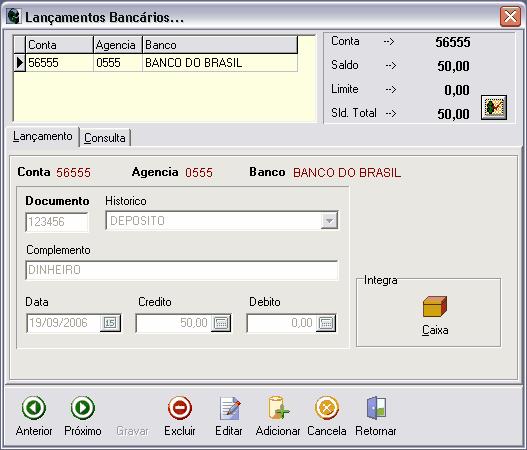 38 Gerencial Para fazer um lançamento no Controle Bancário, clique no botão Adicionar. A tela que se apresenta você digita a numero do documento (Ex. Nº do Cheque, Numero do Deposito, ect.