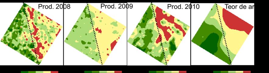 Figura 3: Mapas de produtividade em anos consecutivos em área de 25 ha e relação entre variabilidade da produtividade e textura do solo Figura 4: Relação entre variabilidade da produtividade e