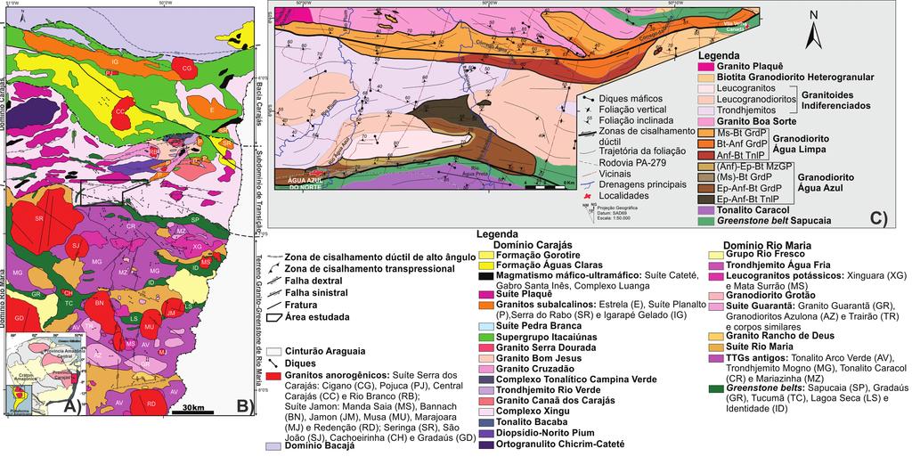 - 92 - Figura 1. (A) Localização da Província Carajás no Cráton Amazônico (modificado de Tassinari e Macambira, 1999). (B) Mapa geológico da Província Carajás (modificado de Vasquez et al.