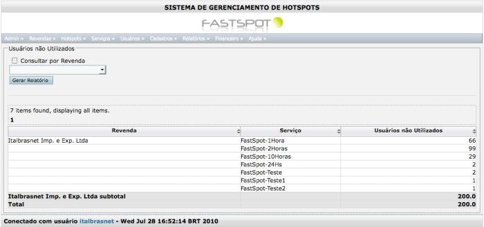 - Conexões: lista as conexões realizadas, exibindo IP, MAC Address, data e hora do início e fim da sessão, hotspot, ponto de