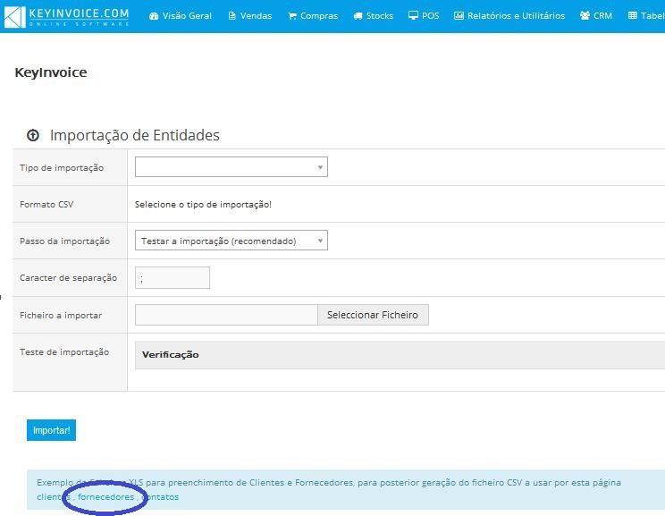 - Fornecedores: Para retirar o nosso Modelo de Importação de Fornecedores vá ao menu Relatórios e Utilitários -» Utilitários -» Importação de Entidades.