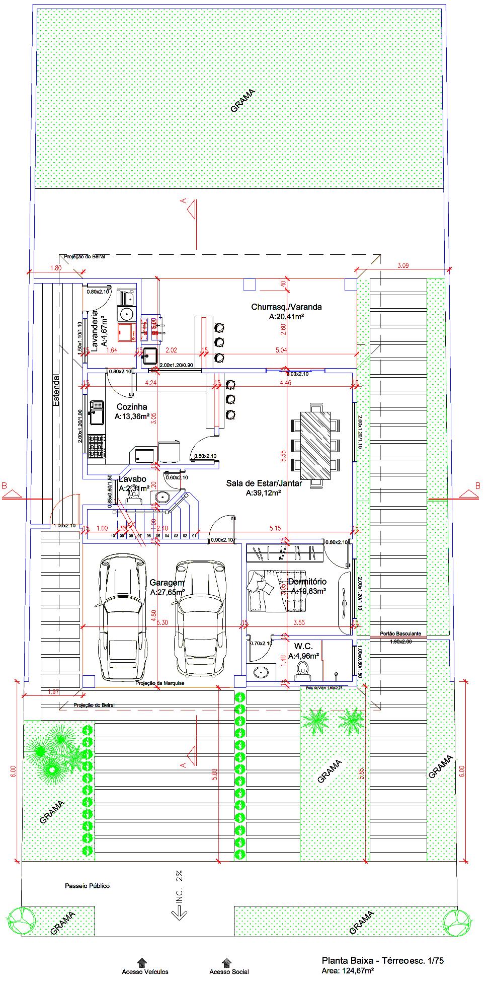 Planta Baixa A representação da planta baixa de cada pavimento, indicando a destinação dos ambientes tipo sala, cozinha, banheiro, suas áreas, dimensões