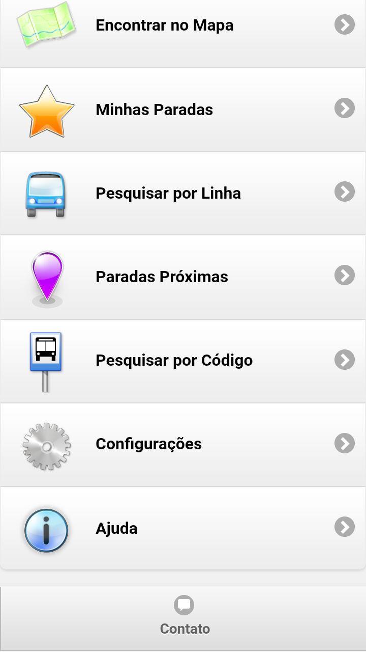 Pesquisa por Linha: Abre a tela que exibe as linhas de ônibus cadastradas no aplicativo; Paradas próximas: Exibe as paradas próximas do usuário naquele instante (requer ativação do GPS); Pesquisar