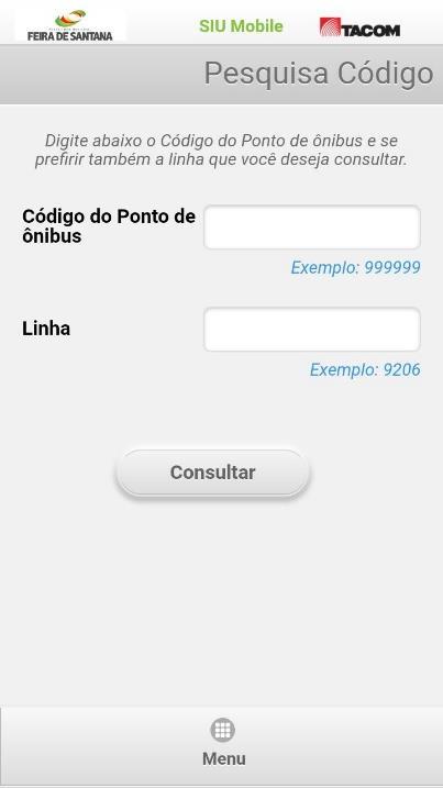 O botão de rodapé Menu, exibe a tela de menu principal e o botão Atualizar, atualiza a lista de paradas próximas do usuário naquele instante. 1.