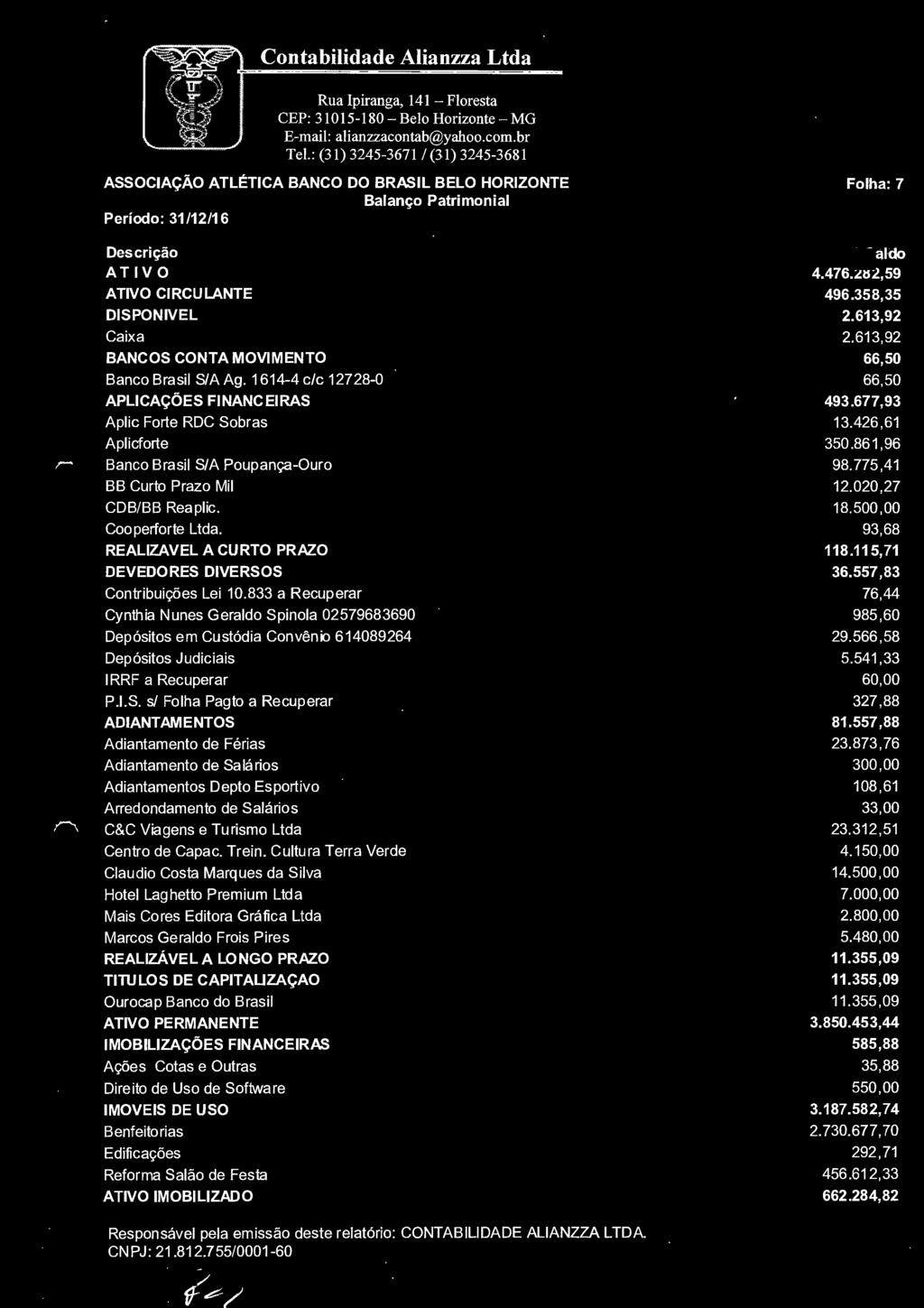 . Banco Brasil S/A Poupança-Ouro,,,..._, BB Curto Prazo Mil CDB/BB Reaplic. Cooperforte Ltda.