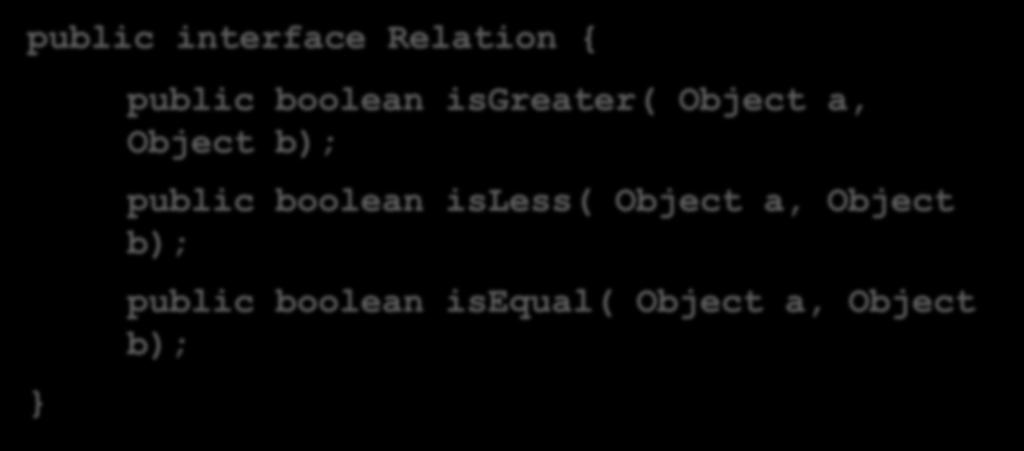 Exemplo -1 public interface Relation { public boolean isgreater( Object a, Object b);