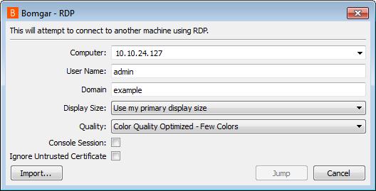 RDP Local para um Sistema Windows com Bomgar Connect Utilize o Bomgar para iniciar uma sessão de Protocolo de Ambiente de Trabalho Remoto (RDP) com um sistema Windows na sua rede local.