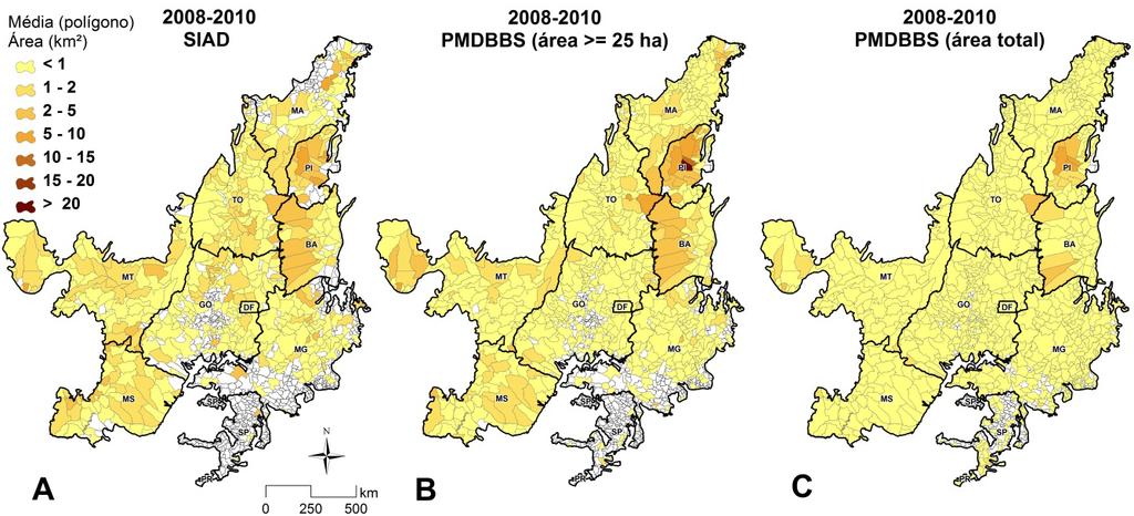 37 Figura 5 Distribuição da área média dos polígonos de desmatamentos (2008 2010): A) SIAD, B) PMDBBS (áreas > 25 hectares) e C) PMDBBS (área total).