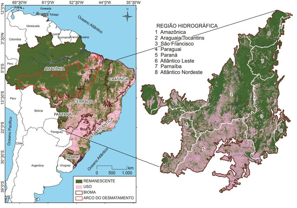 47 Figura 11- Cobertura e uso da terra no Brasil conforme mapeamento do PROBIO a partir de imagens Landsat ETM+ de 2002, com destaques para o bioma Cerrado e o Arco do Desmatamento (região Amazônica).