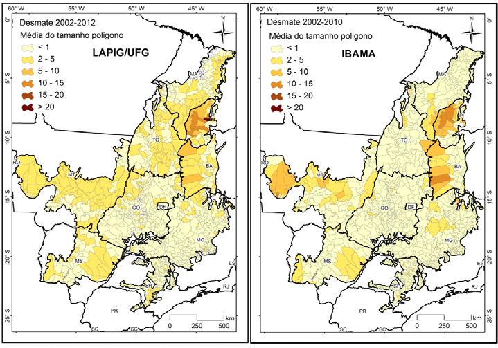 58 2010-2011, cujos 7.415 km 2 desmatados estão associados à polígonos com a menor área média (0,77 km²) entre todos os períodos analisados.