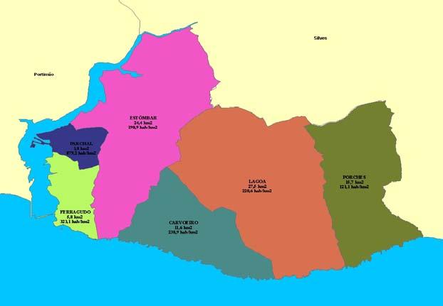 Quadro 2 - Delimitação Administrativa do Concelho de Lagoa A área territorial do concelho, apresenta contrastes entre uma faixa litoral com uma extensão de 17 Kms e um interior barrocal com um tipo