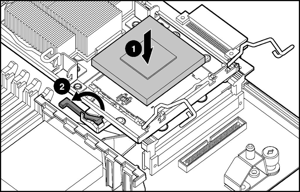 Instalação das opções de hardware Instale o processador no soquete (1) e feche a alavanca de travamento do mesmo (2).