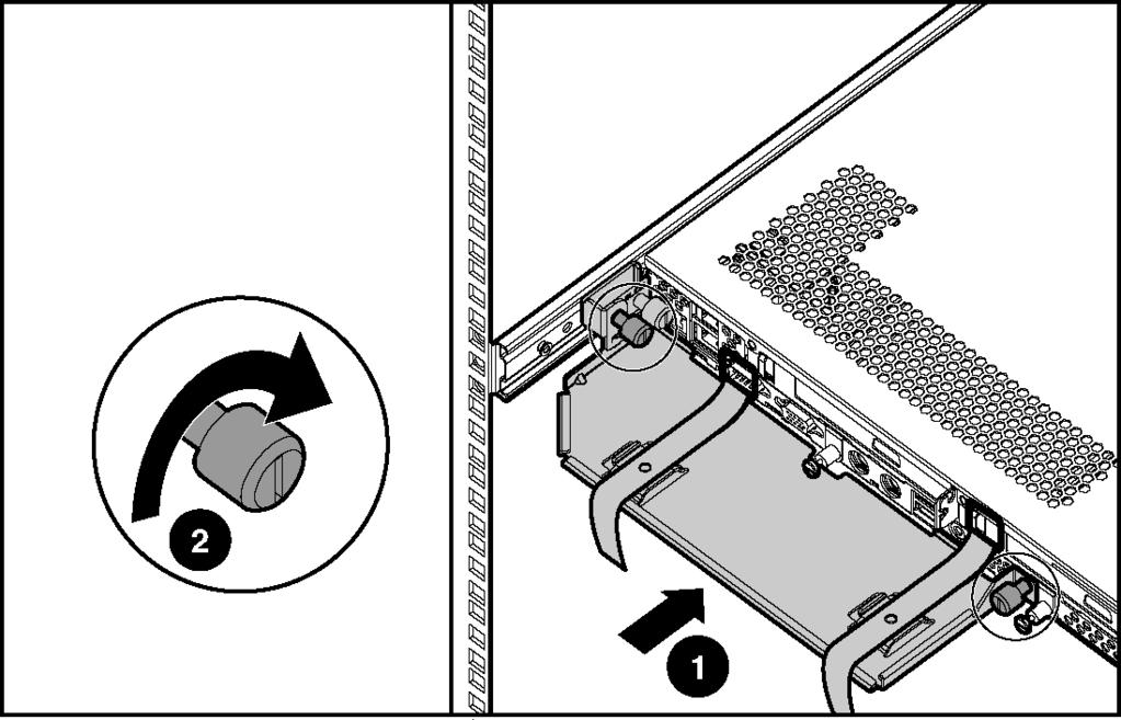 Instalação do servidor Afixação da bandeja de cabos Para fixar a bandeja de cabos: 1. Vá para a parte traseira do rack. 2.