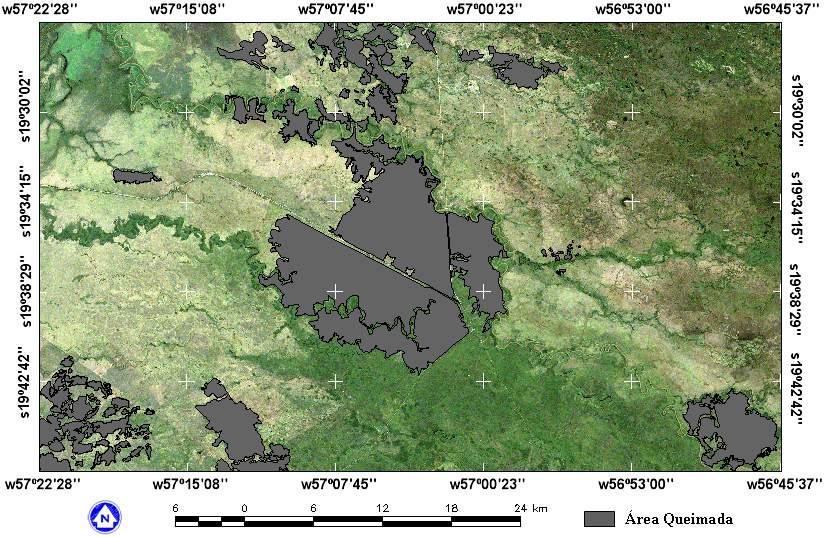 A estimativa da área queimada para a cena da região estudada, no período de agosto a setembro de 1999, foi de 396.5 km² (Figura 3), onde 320.01 km² pertenciam à classe Campo Limpo/Campo Sujo, 57.