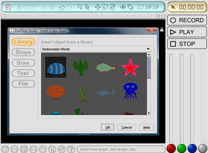 Figura 8. Opções para inserir objectos no FluxTime Studio 5. Na interface do FluxTime Studio aparecem várias barras para o utilizador poder trabalhar.